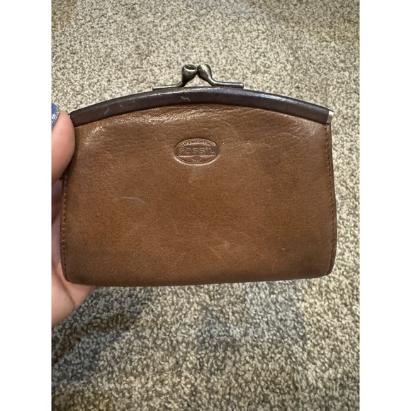 Vintage Fossil Kiss Lock Brown Leather Coin Wallet Purse Card ID Holder - Picture 1 of 9
